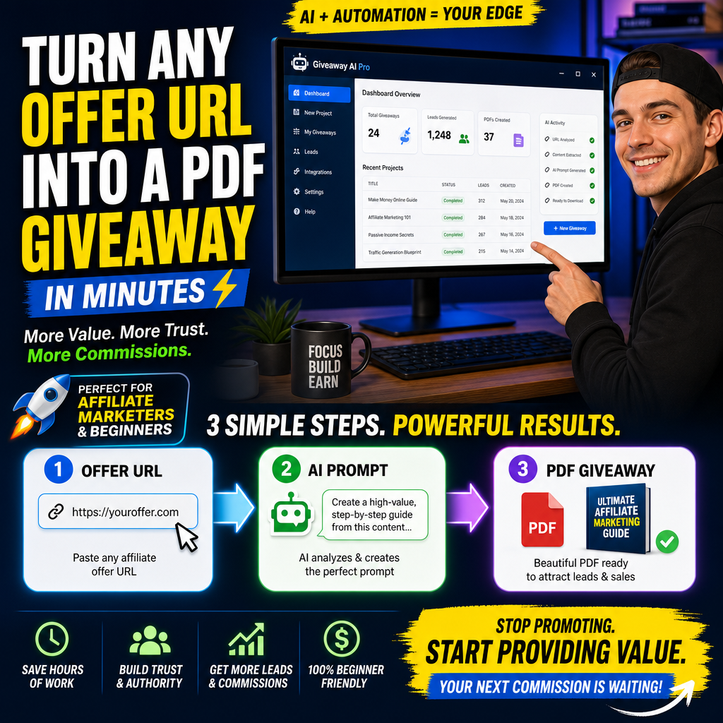 Promotional graphic showing offer URL turned into a PDF giveaway with AI automation