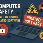 Illustration of computer safety risks with a laptop showing 'PIRATED SOFTWARE' and warning symbols.